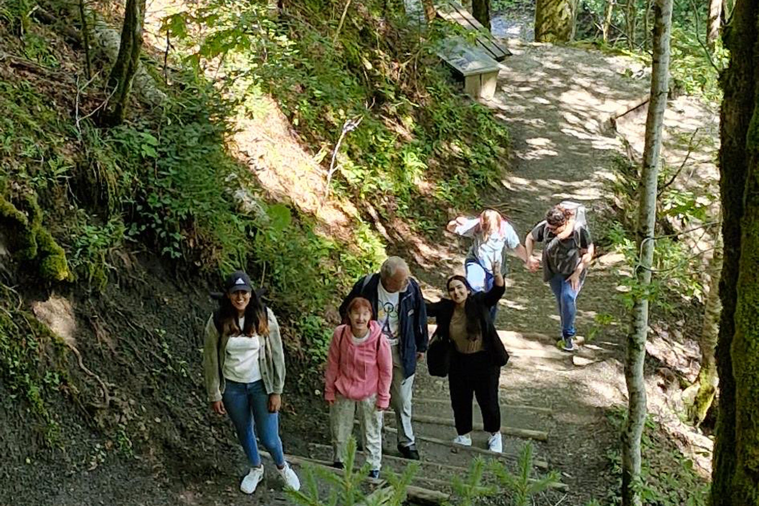 Die Gruppe ist bergauf durch den Wald gewandert.