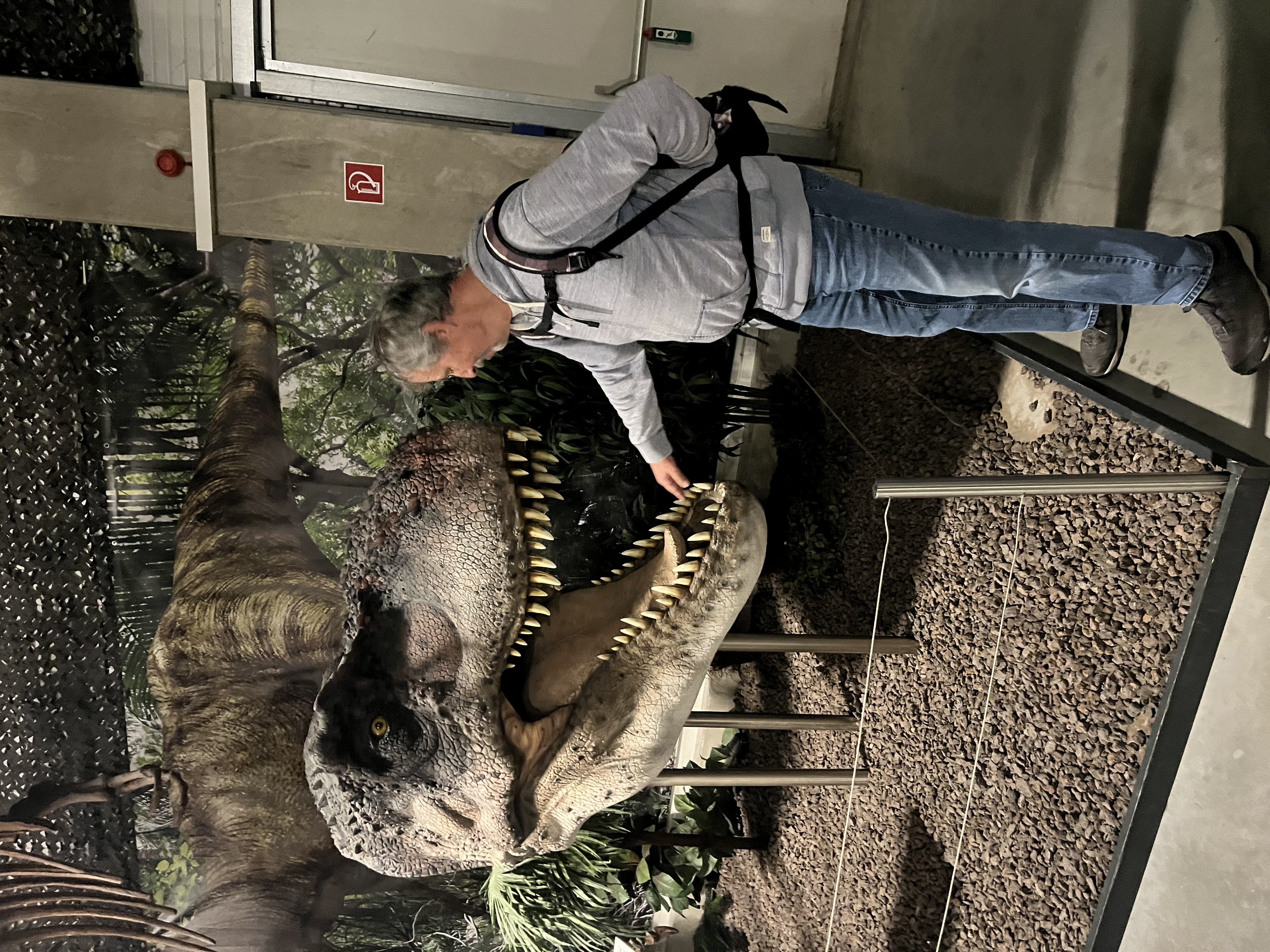 Urlauber fühlt einem Dinosaurier auf den Zahn.